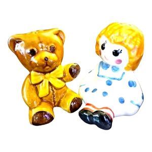 AVON  RAGGEDY ANN & TEDDY SALT& PEPPER Shaker WEISS Painted  BRAZIL CERAMIC